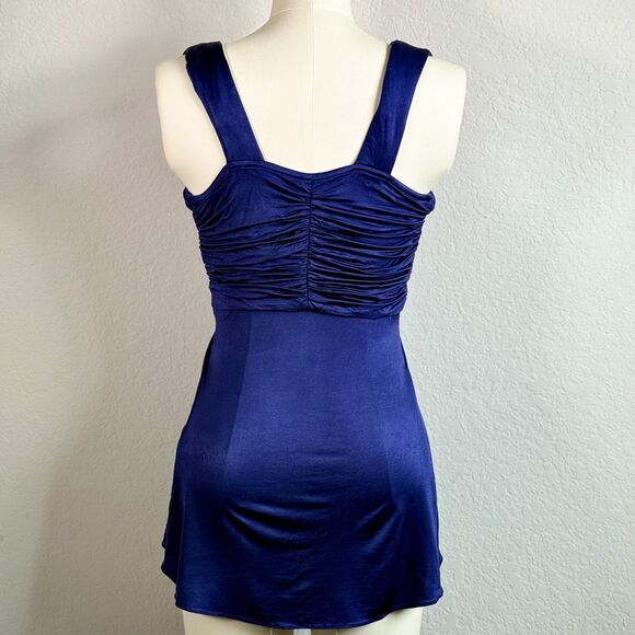 Sky Blue Deep V Neck Tunic Top Small Sexy Sleeveless Ruched Back Y2K Sexy - Picture 4 of 4